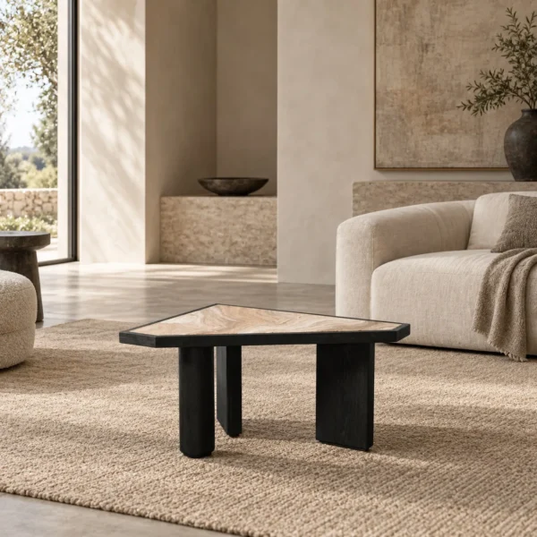 Polygonal Marble-Inset Low Table on Black Wood Legs in black — in a room setting