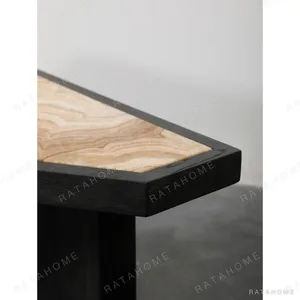 Polygonal Marble-Inset Low Table on Black Wood Legs in black — in a room setting