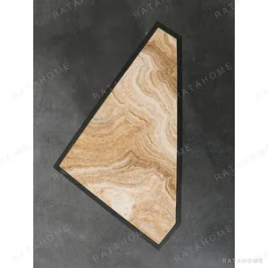 Polygonal Marble-Inset Low Table on Black Wood Legs in black — in a room setting