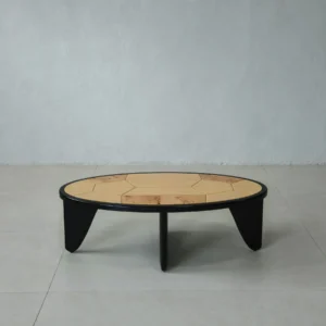 Round Poplar Burl Segmented Coffee Table on Black Beech Base in clay — front view