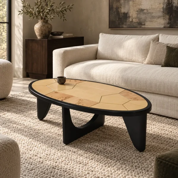 Round Poplar Burl Segmented Coffee Table on Black Beech Base in clay — in a room setting