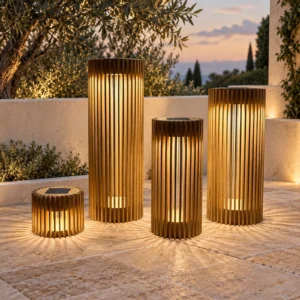 Teak Round Solar Lantern with Dimmable Light, 15 cm Panel in natural oak — front view