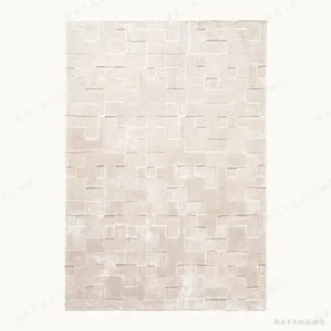 Blush Geometric Block Relief Rug in rose stone — in a room setting