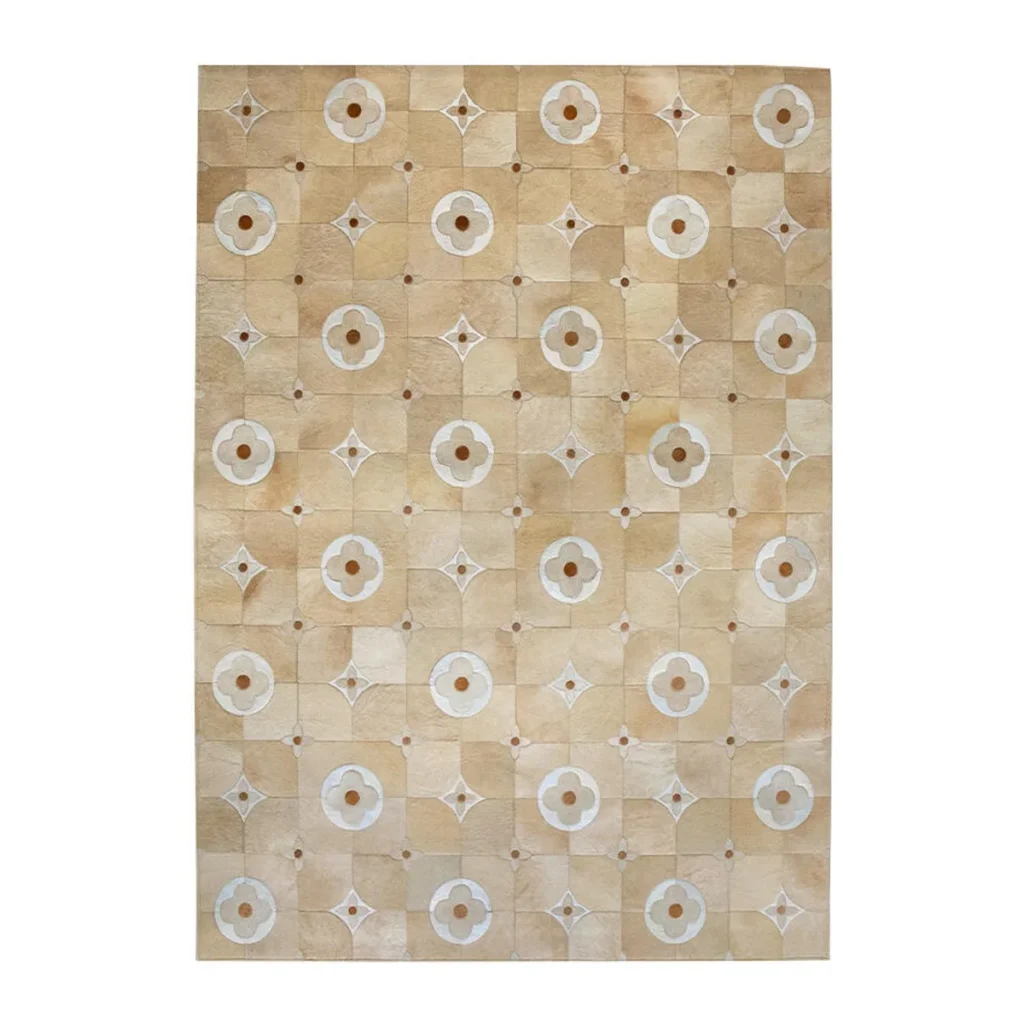 Premium Cowhide Rug with Circle Medallion Grid in Sand — front view