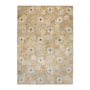 Premium Cowhide Rug with Circle Medallion Grid in Sand — front view