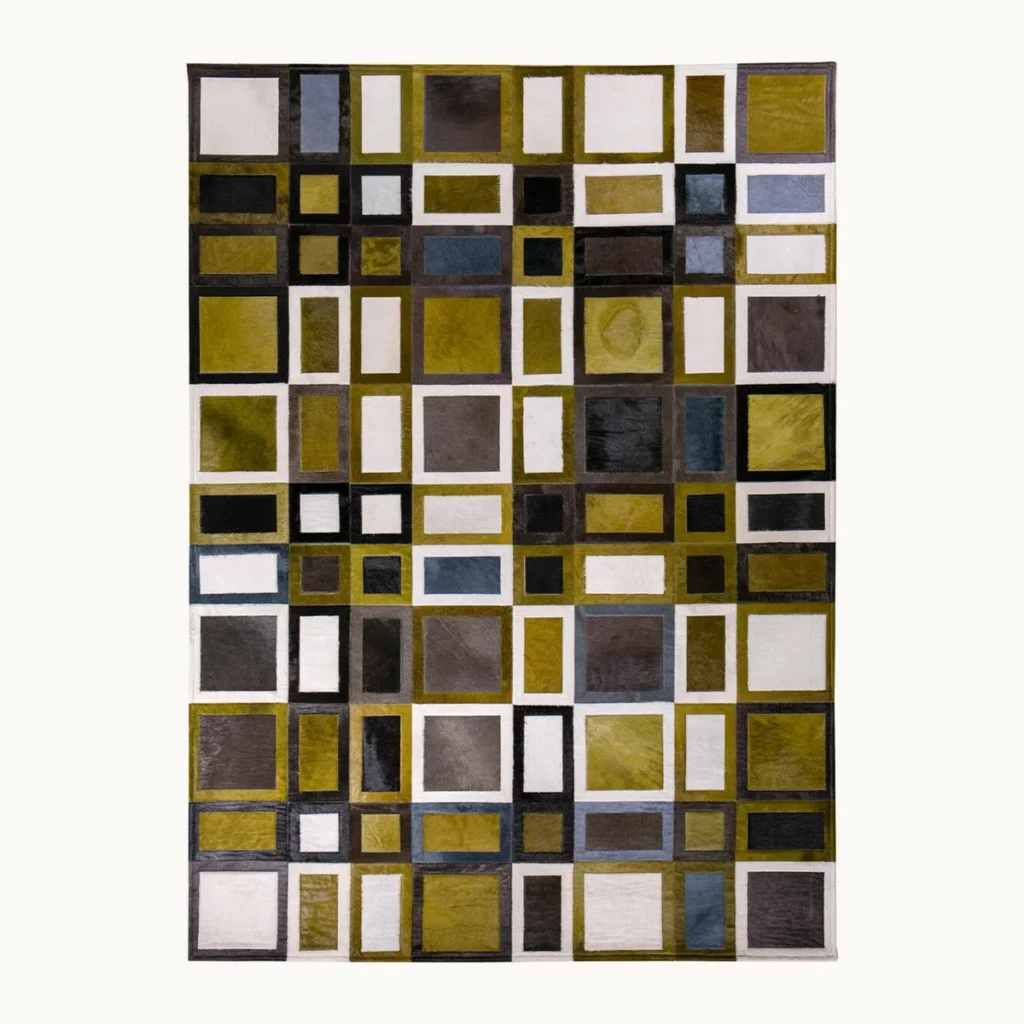 Premium Cowhide Grid Rug in Olive, Black and Cream — front view
