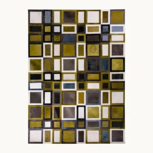 Premium Cowhide Grid Rug in Olive, Black and Cream — front view