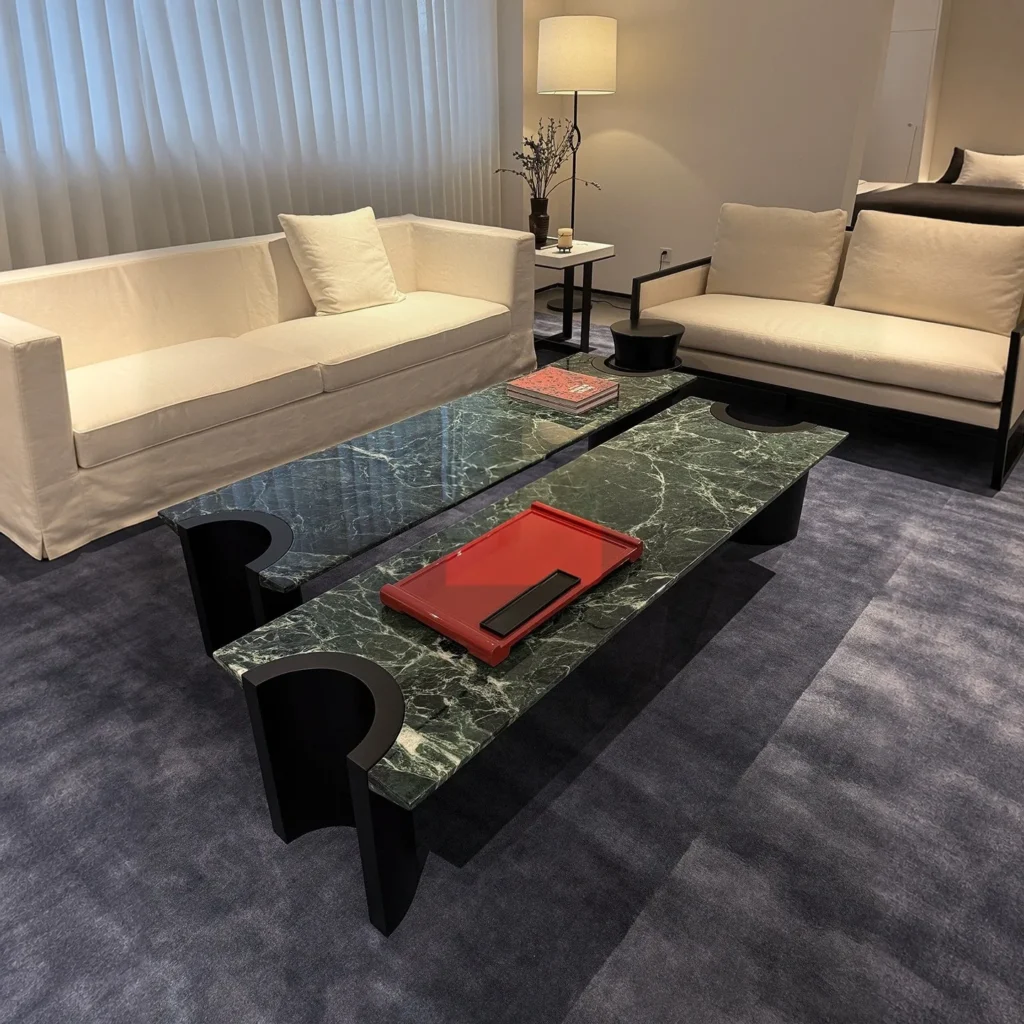 Green Marble Crescent Coffee Table Set with Black Arch Bases in olive — front view