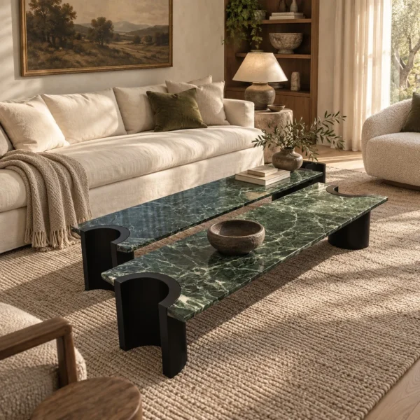 Green Marble Crescent Coffee Table Set with Black Arch Bases in olive — in a room setting