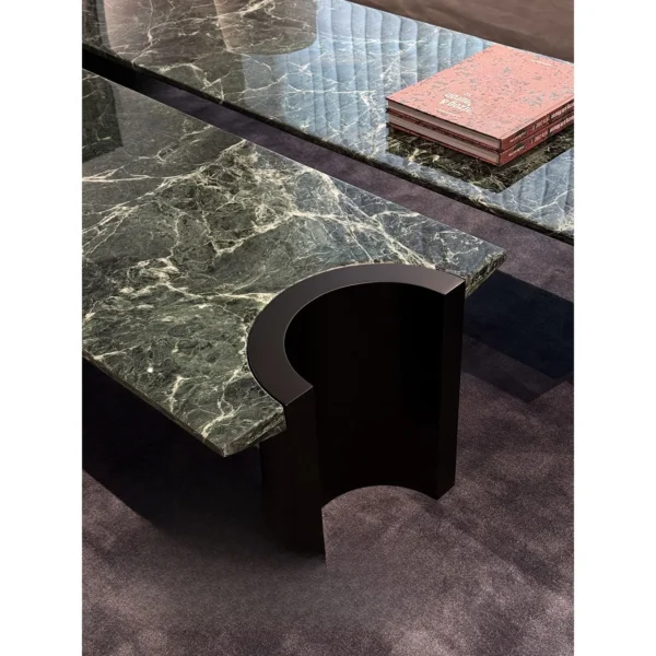 Green Marble Crescent Coffee Table Set with Black Arch Bases in olive — in a room setting