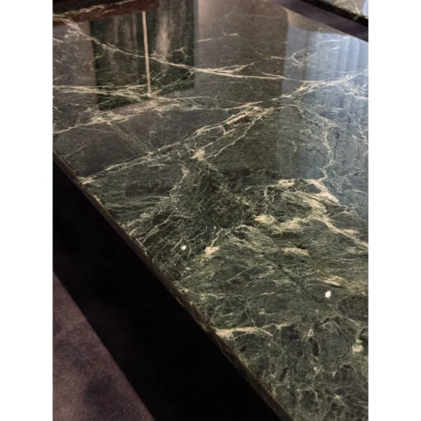 Green Marble Crescent Coffee Table Set with Black Arch Bases in olive — in a room setting