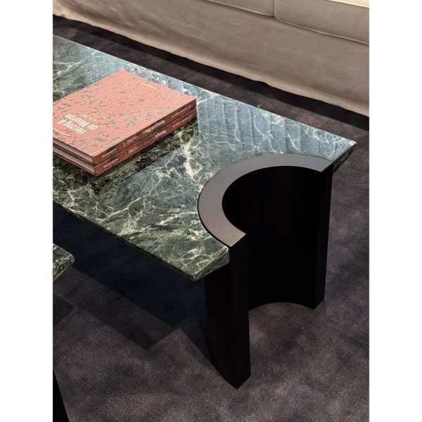 Green Marble Crescent Coffee Table Set with Black Arch Bases in olive — in a room setting
