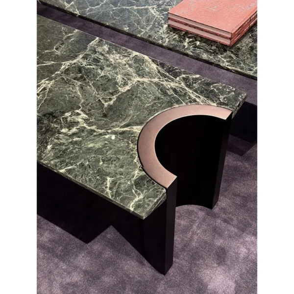 Green Marble Crescent Coffee Table Set with Black Arch Bases in olive — in a room setting