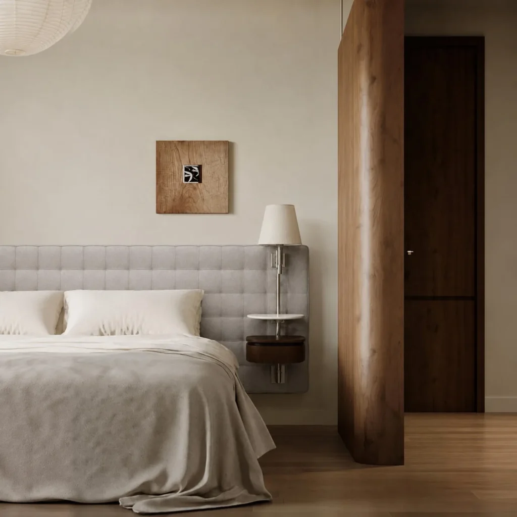 Grid-Tufted Bed with Floating Nightstands in slate — front view