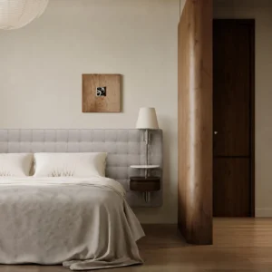 Grid-Tufted Bed with Floating Nightstands in slate — front view
