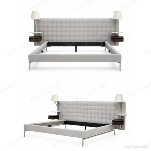 Grid-Tufted Bed with Floating Nightstands in slate — in a room setting