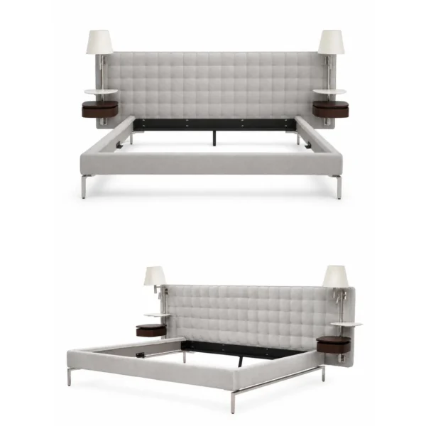 Grid-Tufted Bed with Floating Nightstands in slate — in a room setting