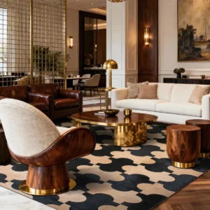 Premium Cowhide Quatrefoil Rug in Black and Sand — in a room setting