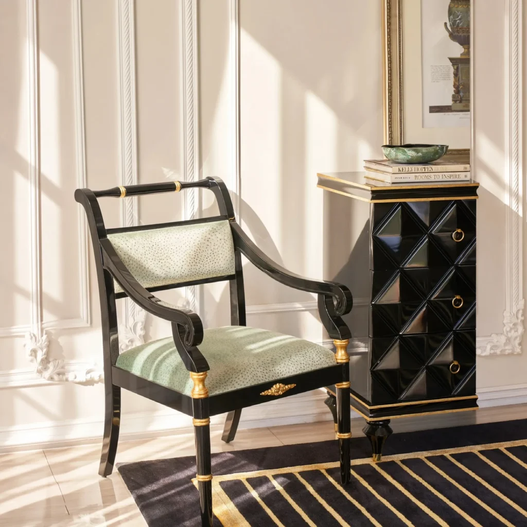 Presley Black Lacquer and Gold Neoclassical Armchair in black — front view
