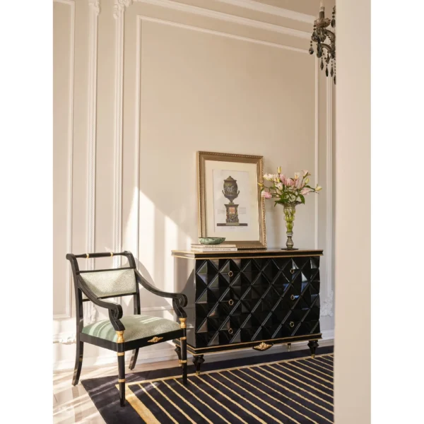 Presley Black Lacquer and Gold Neoclassical Armchair in black — in a room setting