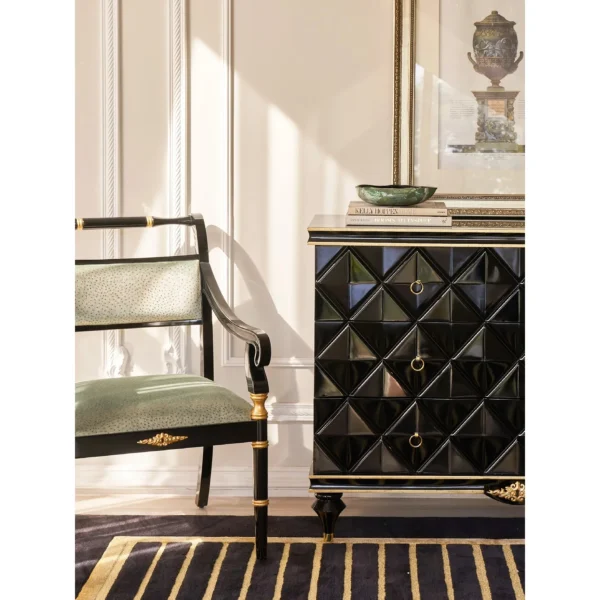Presley Black Lacquer and Gold Neoclassical Armchair in black — in a room setting