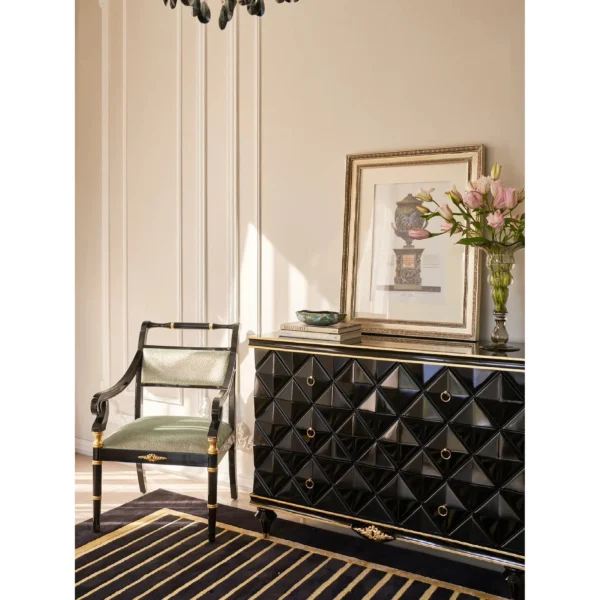 Presley Black Lacquer and Gold Neoclassical Armchair in black — in a room setting