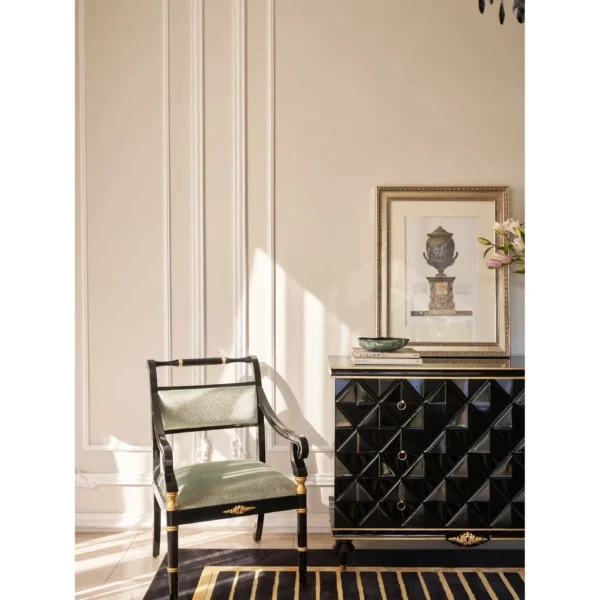 Presley Black Lacquer and Gold Neoclassical Armchair in black — in a room setting