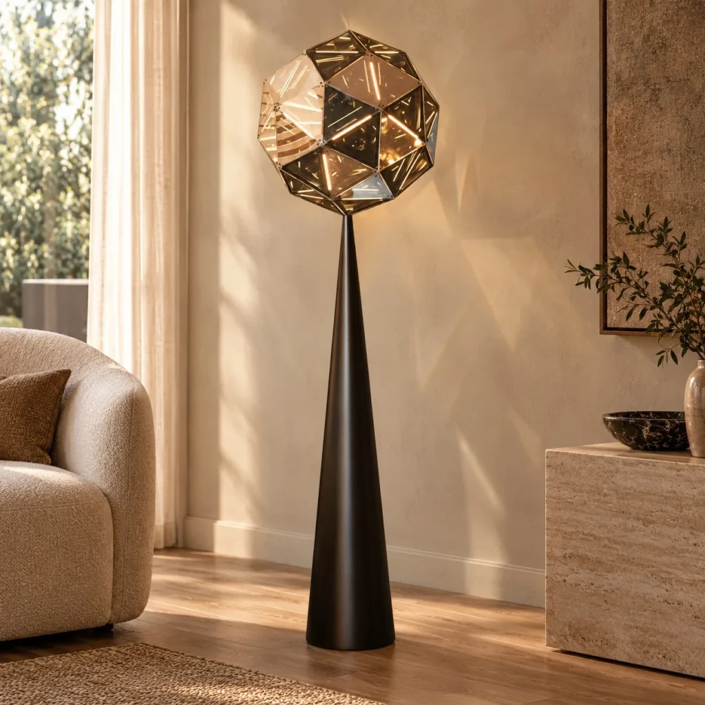 Prism Globe Floor Lamp on Black Cone Base in black — front view