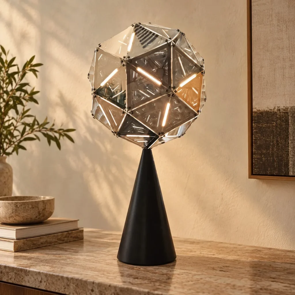 Prism Globe Table Lamp in Smoked Glass on Black Cone Base — front view