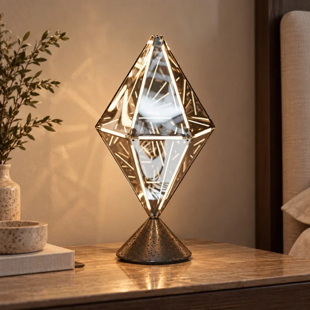 Prism Long Diamond Table Lamp in Smoked Glass and Chrome — front view