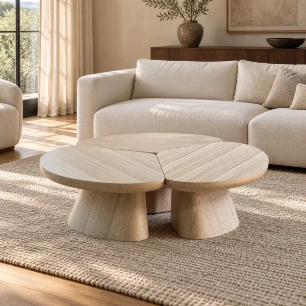 Petal Three-Piece Round Coffee Table in natural oak — in a room setting