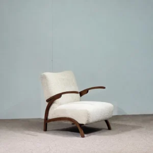 Pure White Bouclé Lounge Chair with Black Walnut Arms in ivory — front view