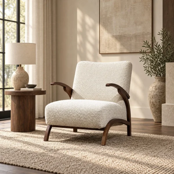 Pure White Bouclé Lounge Chair with Black Walnut Arms in ivory — in a room setting