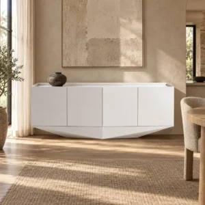 Matte White Four-Door Sideboard on Inverted Pyramid Base in ivory — in a room setting