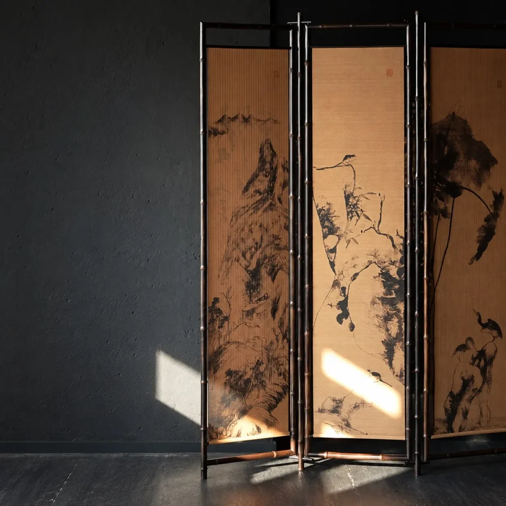Purple Bamboo Ink Painting Double-Sided Screen in natural oak — front view