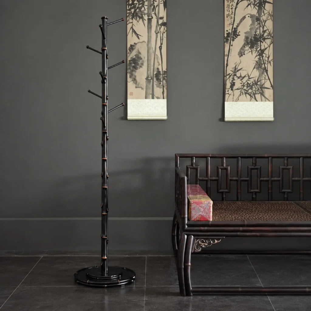 Purple Bamboo Coat Stand with Branch Hooks in black — front view