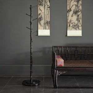 Purple Bamboo Coat Stand with Branch Hooks in black — front view