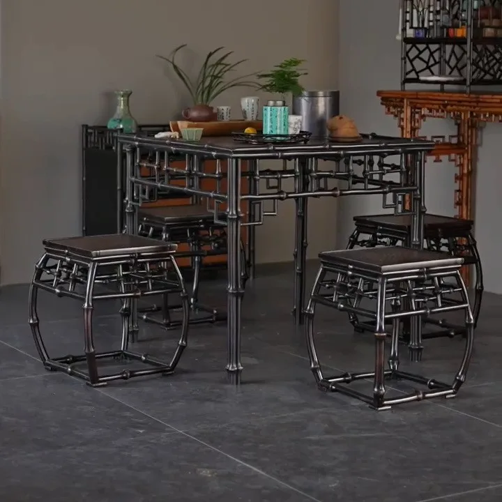 Purple Bamboo Fretwork Square Table with Stools in clay — front view