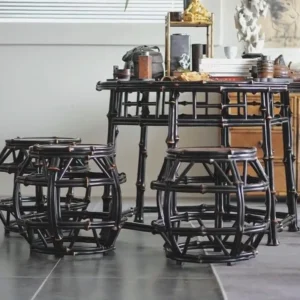 Purple Bamboo Round Table with Drum Stools in clay — front view