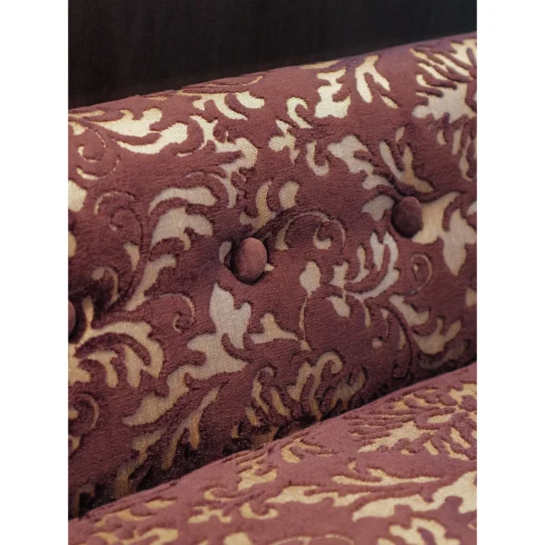 Purple Cut Velvet Bench with Classical Scroll Pattern in plum — in a room setting