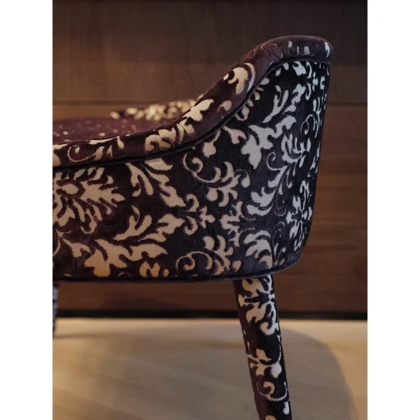 Purple Cut Velvet Bench with Classical Scroll Pattern in plum — in a room setting