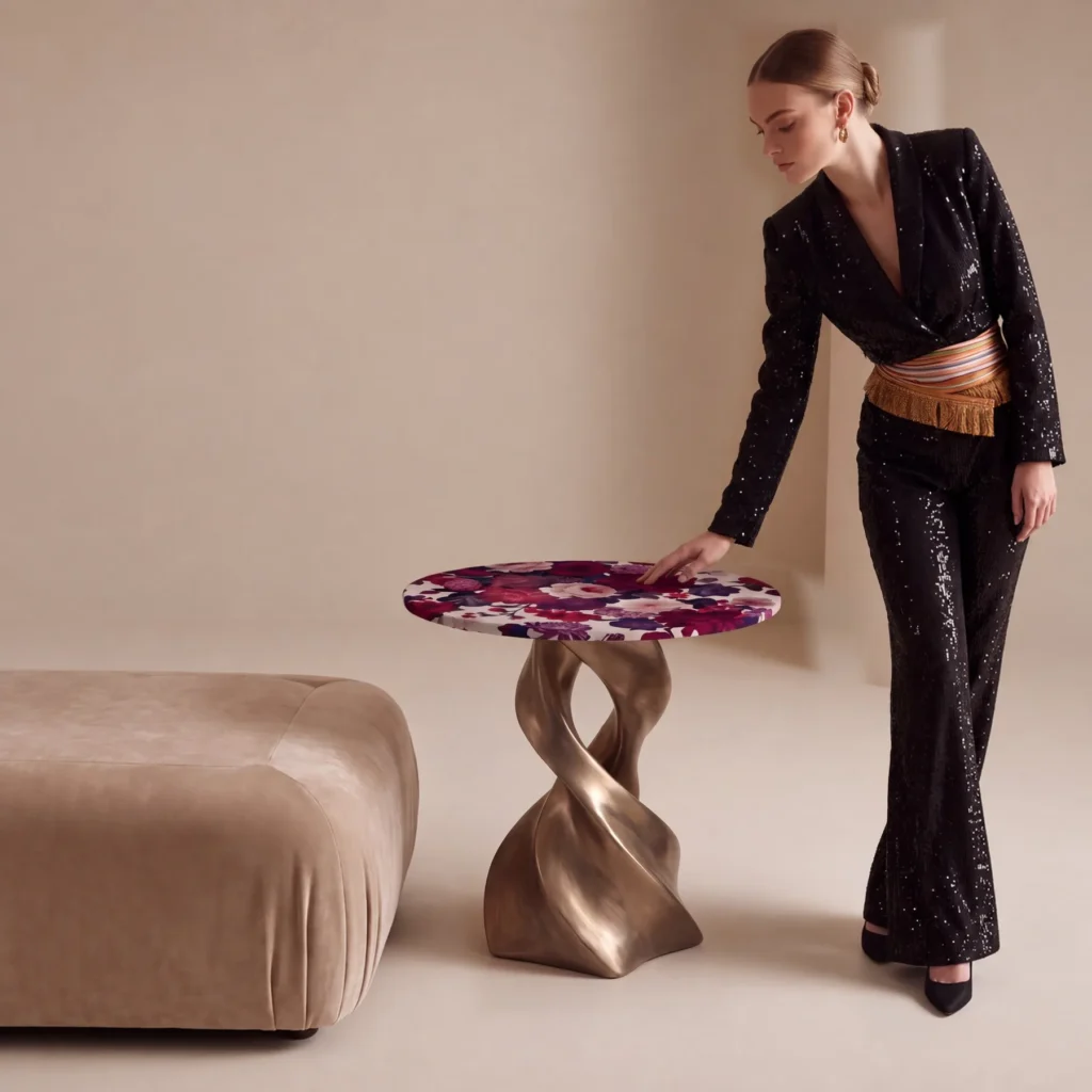 Feihua Purple Floral Art Side Table on Twisted Bronze Base in plum — front view