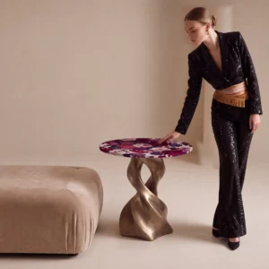 Feihua Purple Floral Art Side Table on Twisted Bronze Base in plum — front view