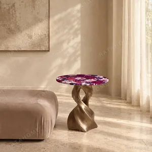 Feihua Purple Floral Art Side Table on Twisted Bronze Base in plum — in a room setting