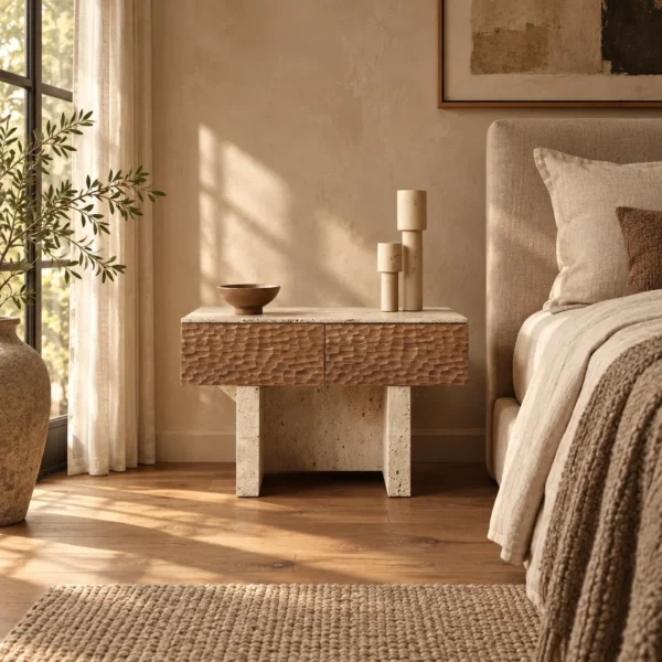 Pushi Raw-Textured Stone Nightstand in sand — in a room setting