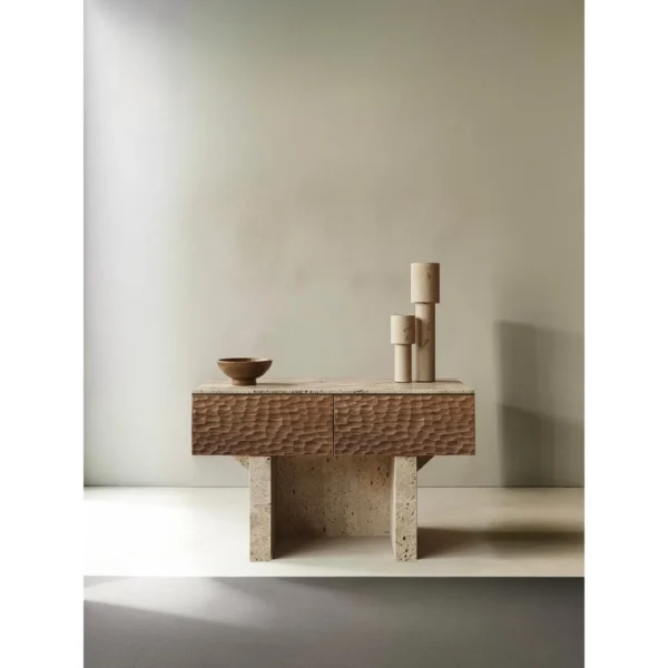 Pushi Raw-Textured Stone Nightstand in sand — in a room setting