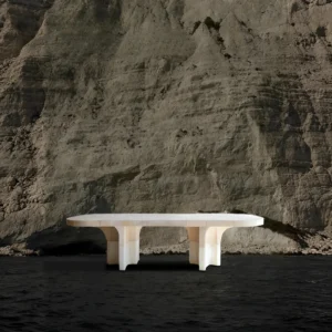 Pushi Raw Stone Dining Table with Block-Built Base in oatmeal — front view