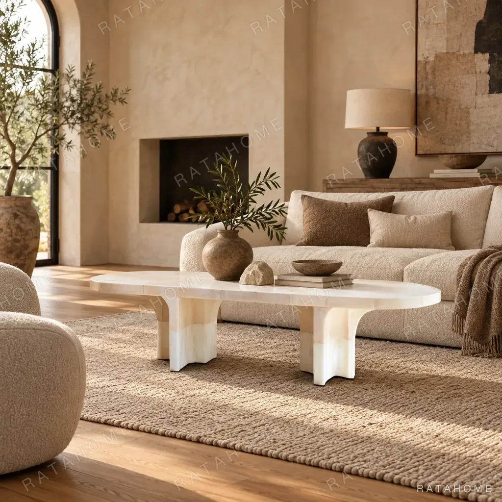 Pushi Raw Stone Dining Table with Block-Built Base in oatmeal — in a room setting
