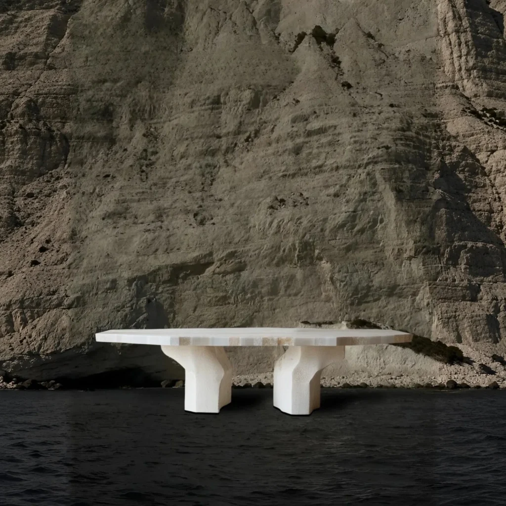 Pushi Rough-Hewn Pale Stone Dining Table in oatmeal — front view