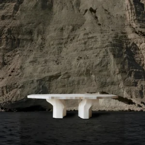 Pushi Rough-Hewn Pale Stone Dining Table in oatmeal — front view